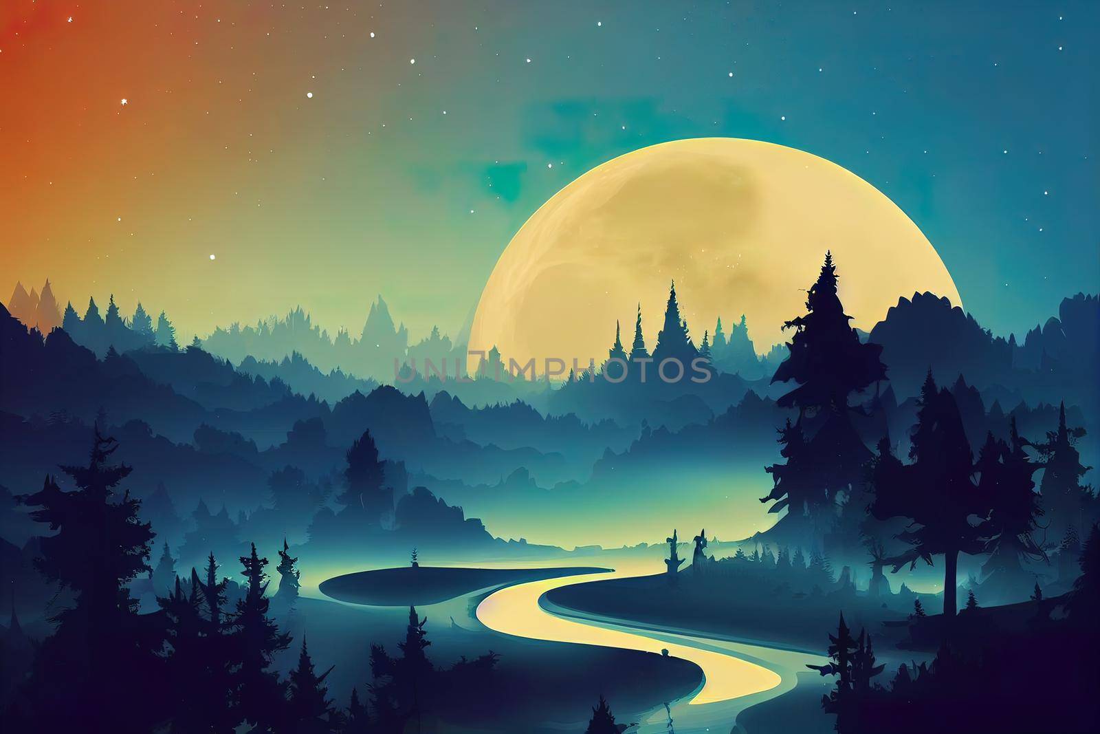 Silhouette mystical magic forest landscape in the moonlight. Silhouette trees in a cartoon style illustration. Surreal landscape for wallpapers and backgrounds. Mystic conceptual misty background.