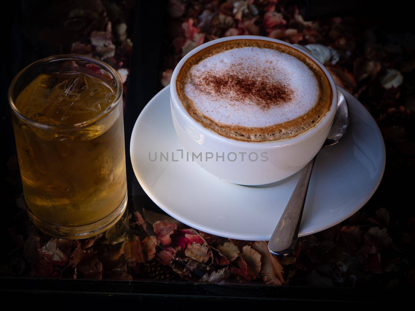 Top view White cup of Cappuccino Latte coffee on nature background.