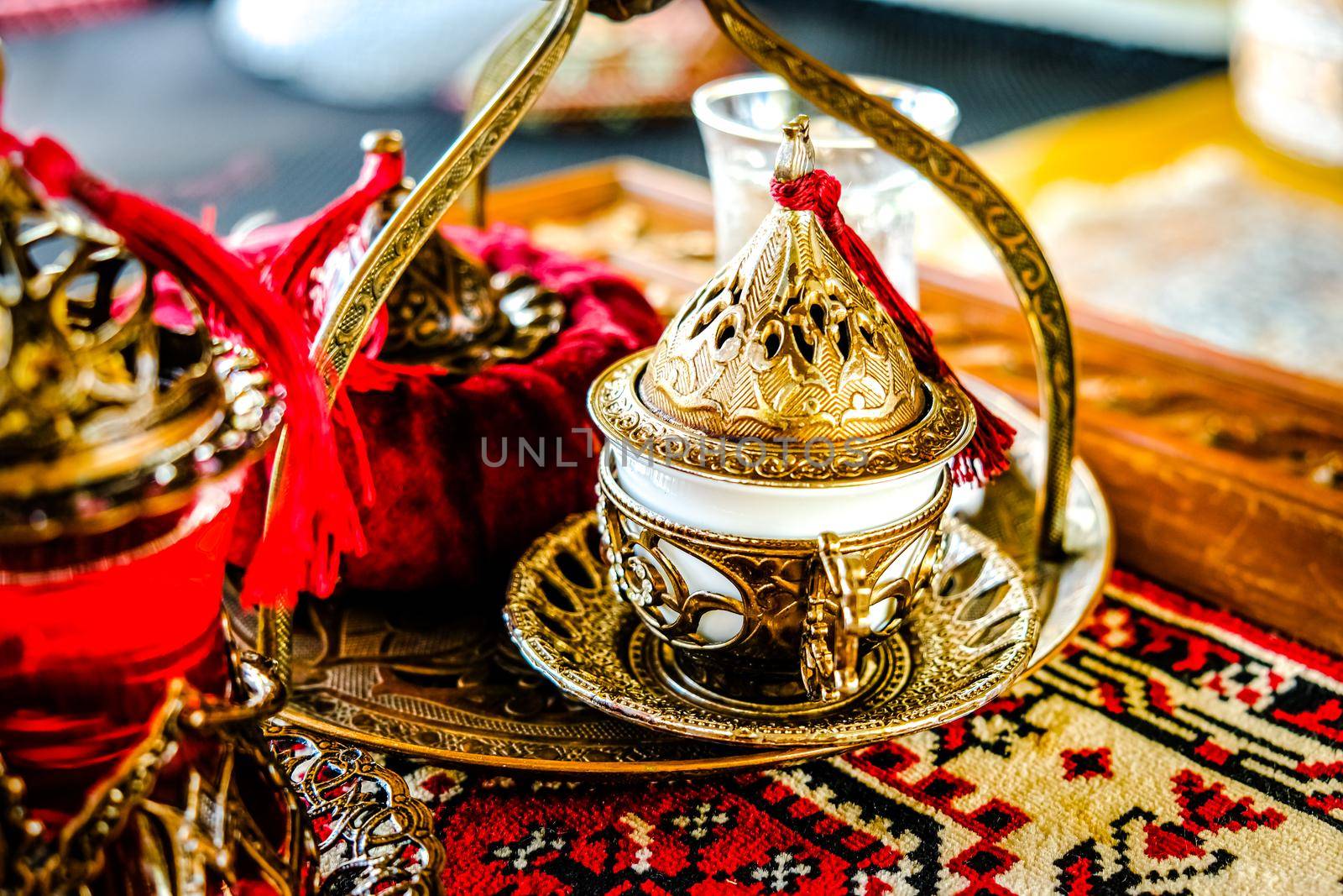 Turkish coffee and tea set in colorful traditional housewares in Turkish theme coffee cafe