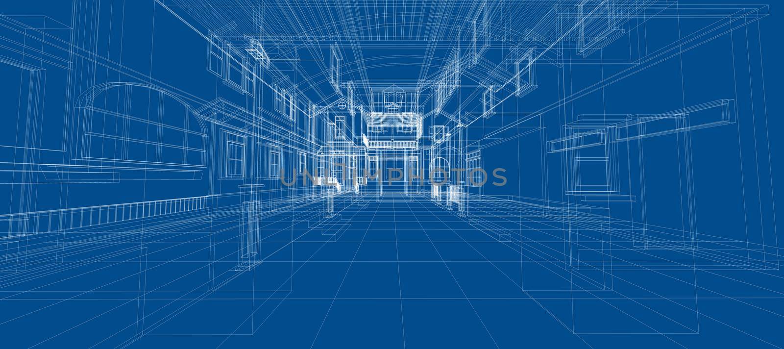 Smart house automation system digital intelligent technology abstract background architecture interior 3d wireframe construction on blue background by Petrichor