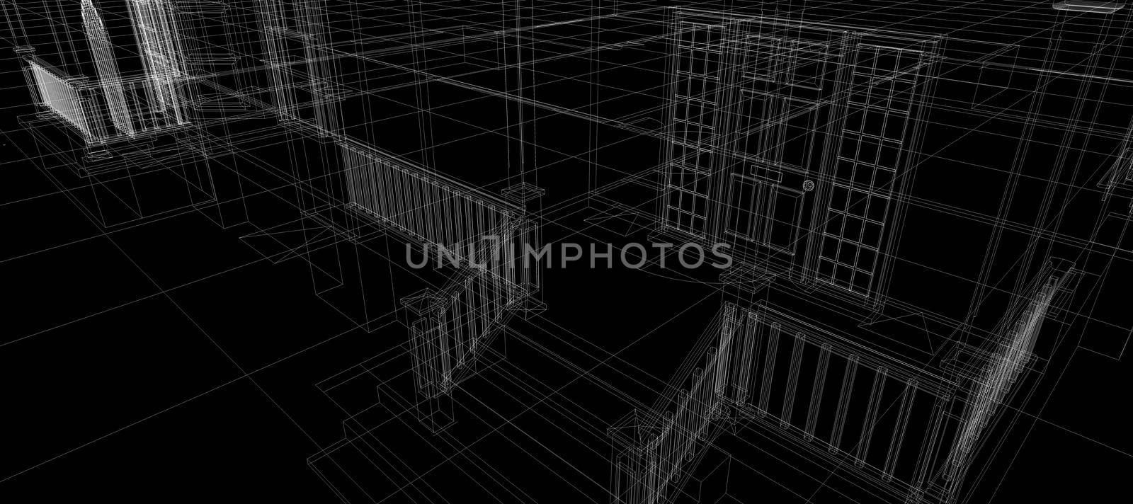 Smart house automation system digital door entrance intelligent technology abstract background architecture 3d wireframe construction on black background