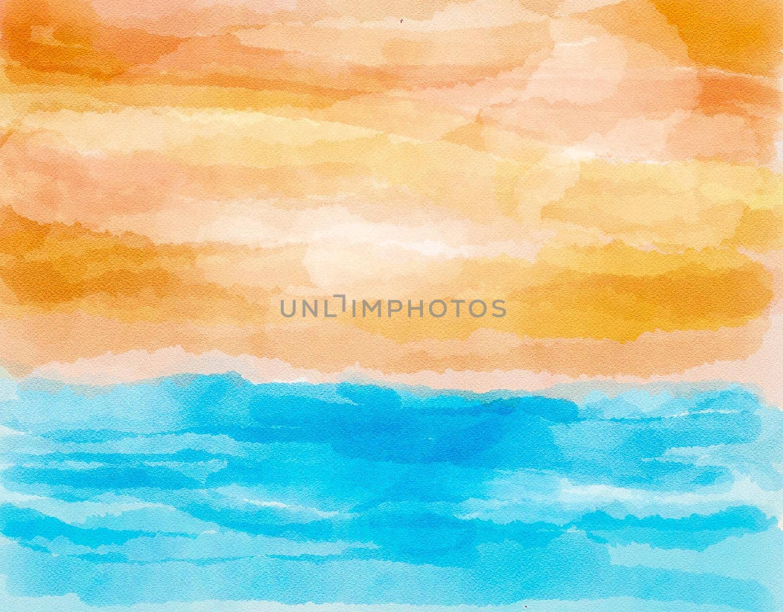 Sunset at the ocean orange sky blue sea in watercolor.