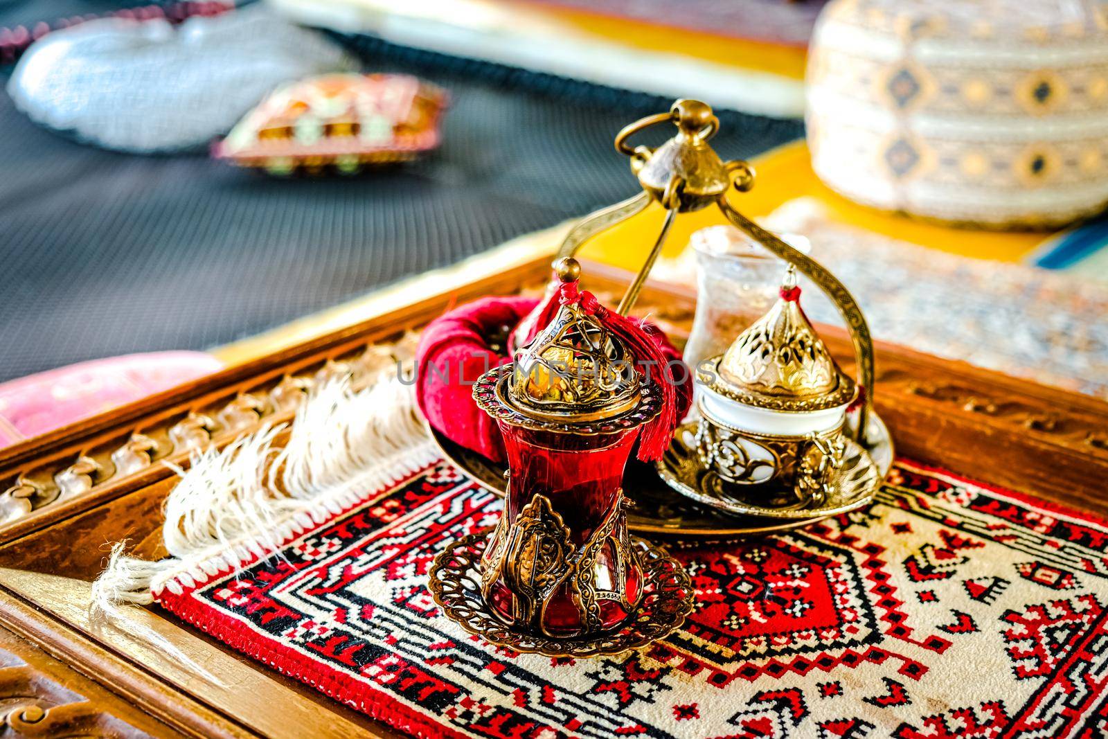 Turkish coffee and tea set in colorful traditional housewares in Turkish theme coffee cafe