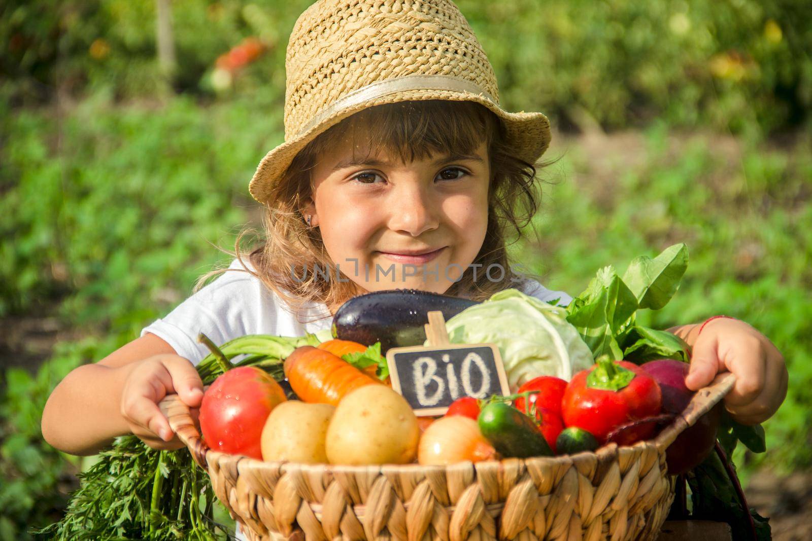 Child and vegetables on the farm. Selective focus. nature.