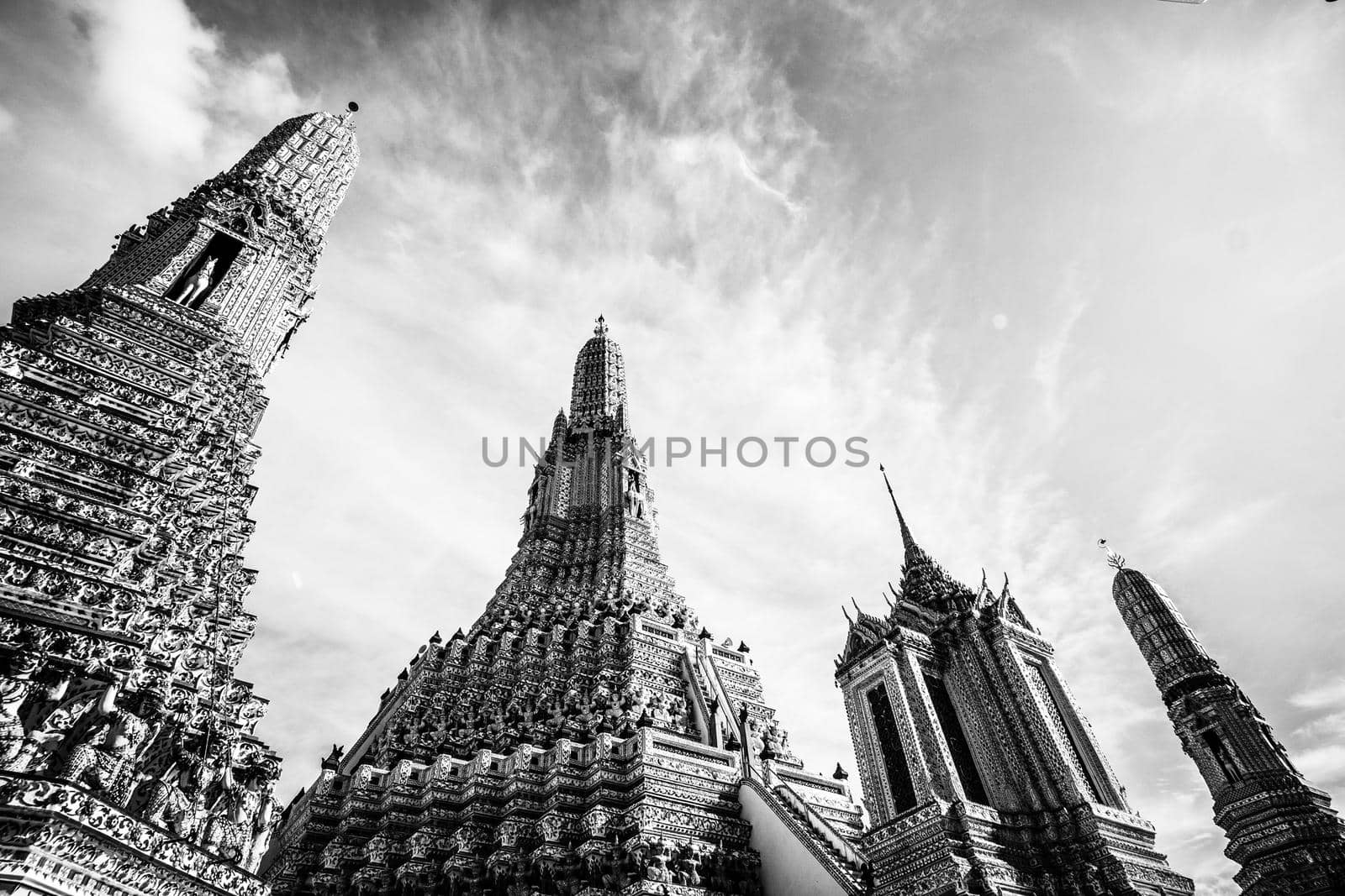 Wat Arun pagoda Bangkok, Thailand. Dawn temple in black and white
