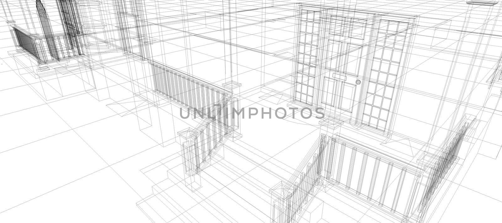 Smart house automation system digital door entrance intelligent technology abstract background architecture 3d wireframe construction on white background
