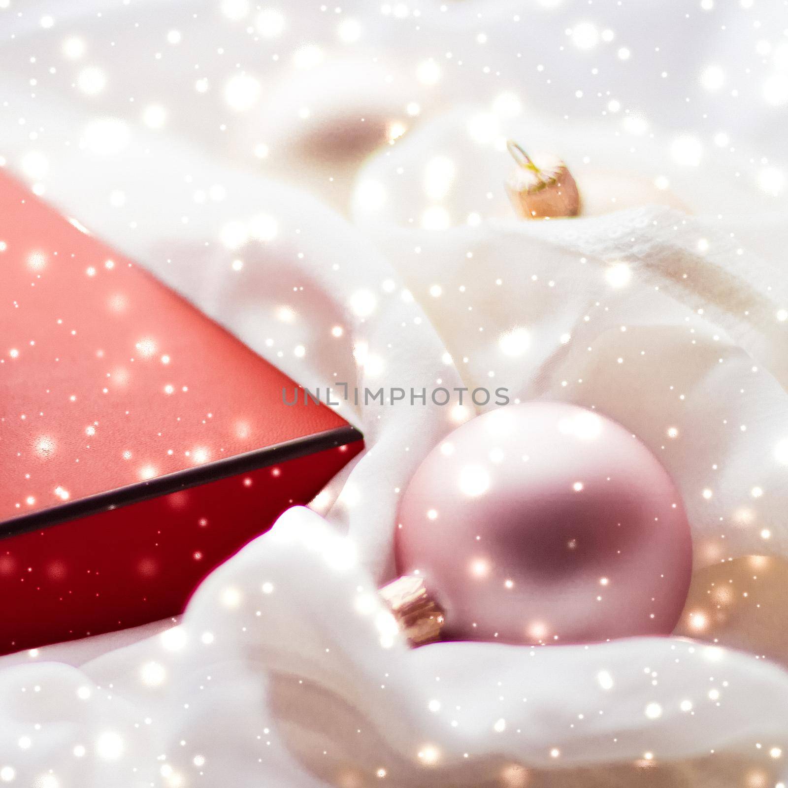 Holidays branding, glamour and decoration concept - Christmas magic holiday background, festive baubles, red vintage gift box and golden glitter as winter season present for luxury brand design