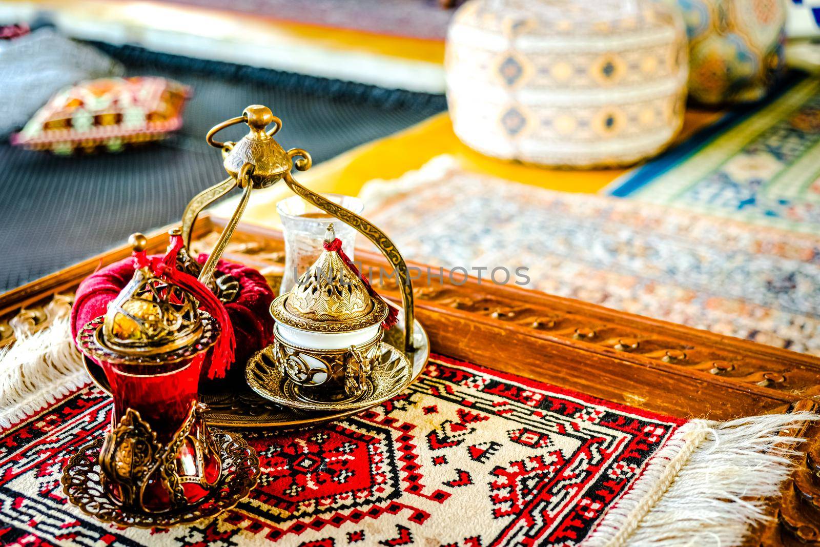 Turkish coffee and tea set in colorful traditional housewares in Turkish theme coffee cafe