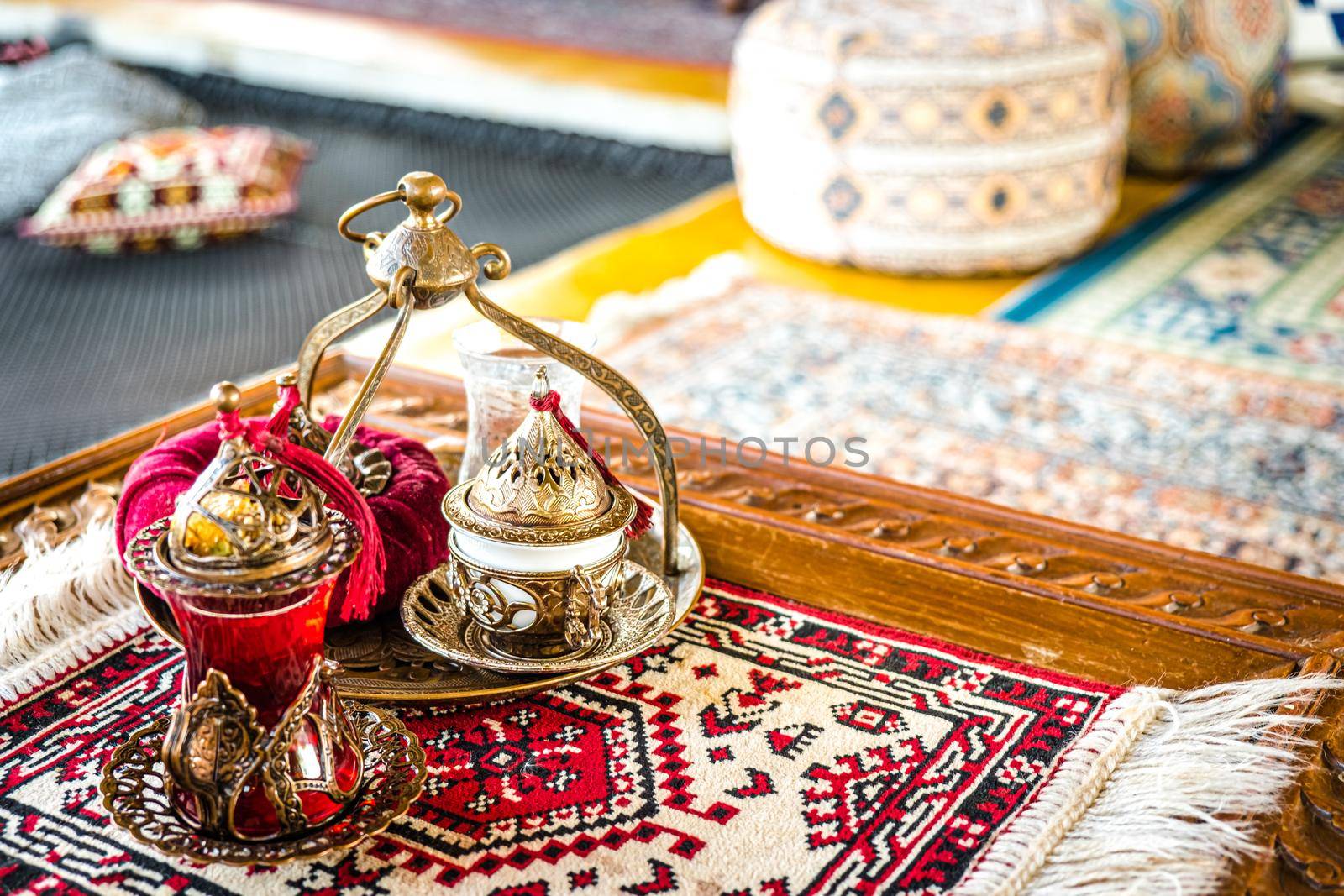 Turkish coffee and tea set in colorful traditional housewares in Turkish theme coffee cafe