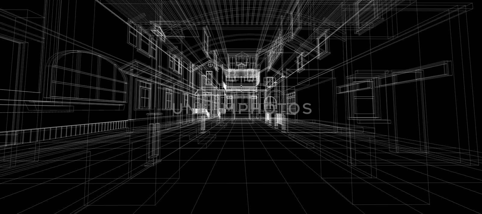 Smart house automation system digital intelligent technology abstract background architecture interior 3d wireframe construction on black background