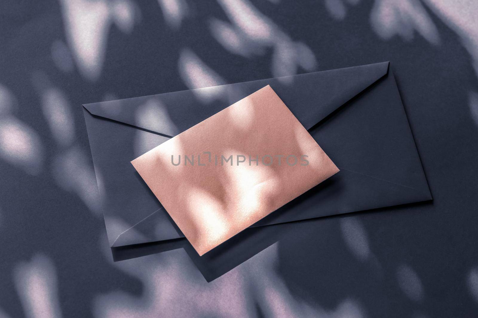 Holiday marketing, business kit and email newsletter concept - Beauty brand identity as flatlay mockup design, business card and letter for online luxury branding on charcoal shadow background