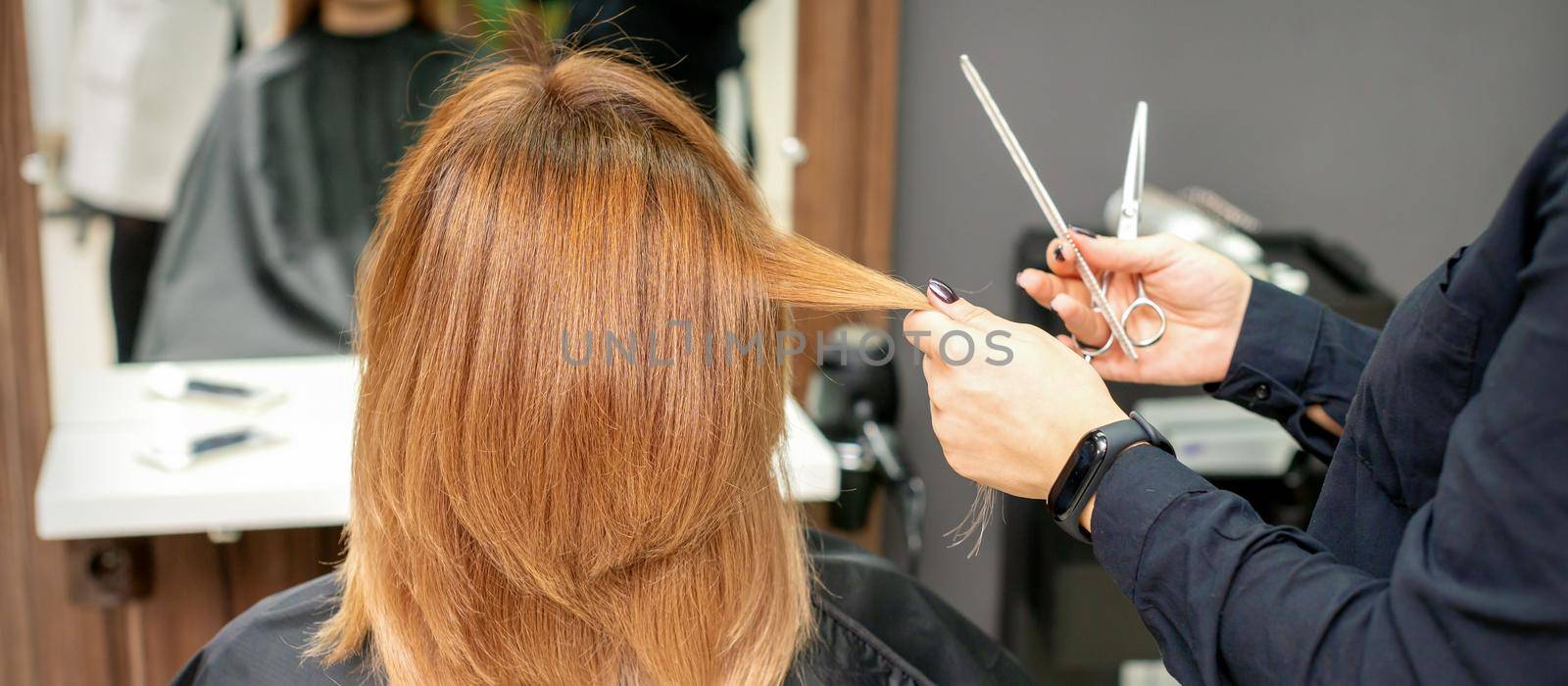 Red-haired woman sitting a front of the mirror and receiving haircut her red long hair by a female hairdresser in a hair salon, back view. by okskukuruza