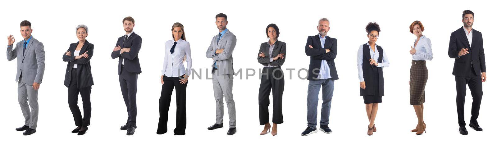 Successful business people team, full length portrait studio isolated on white background