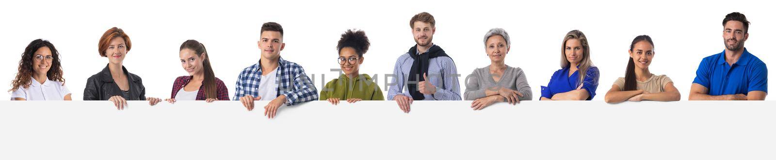 Group of people in casual clothes holding blank banner ad sign isolated on white background