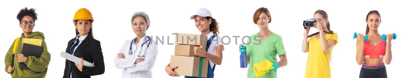 Group of women presenting diverse professions of business, medicine, construction industry, sport, delivery isolated on white