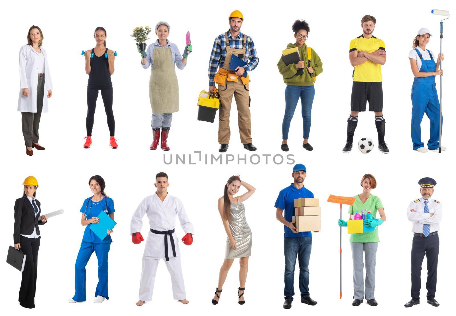 Collage set collection of many people of various occupations professionals standing isolated on white background full length portraits