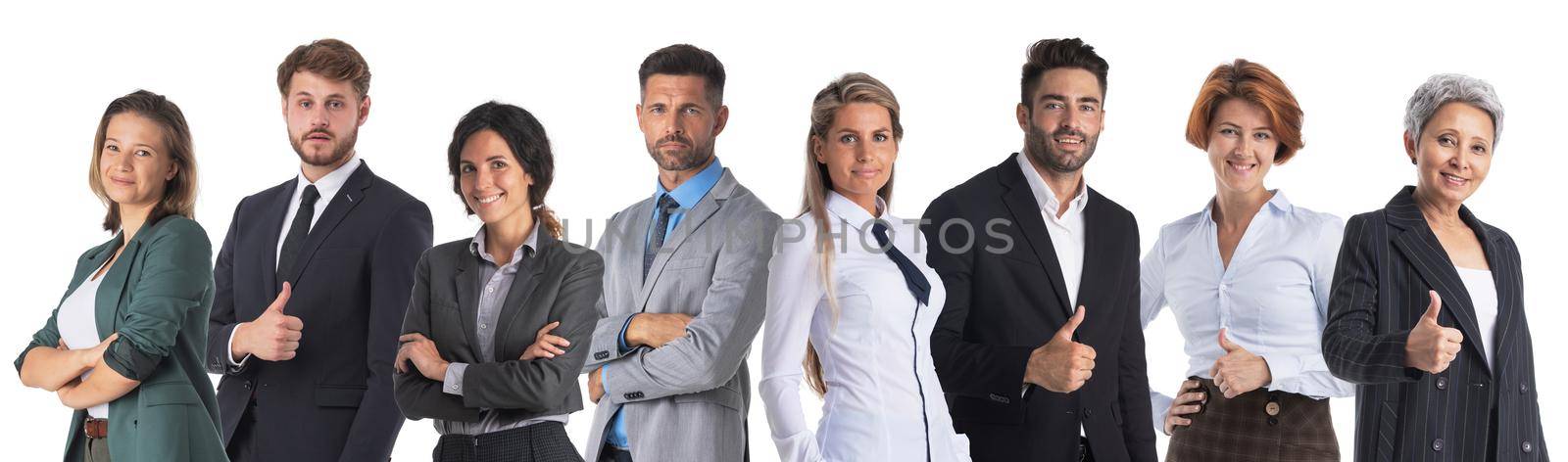 Team of business people with thumbs up sign standing together isolated on white background