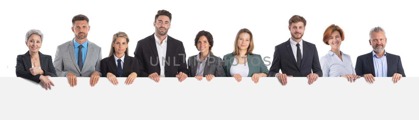 Business people team holding blank banner sign isolated over white background, copy space for text