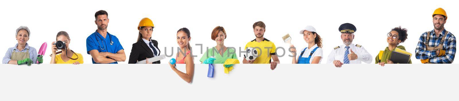 Group of professional people holding blank banner ad isolated on white background