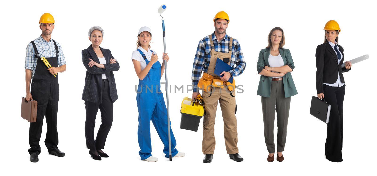 Collection of portraits of construction workers and managers, studio isolated on white background