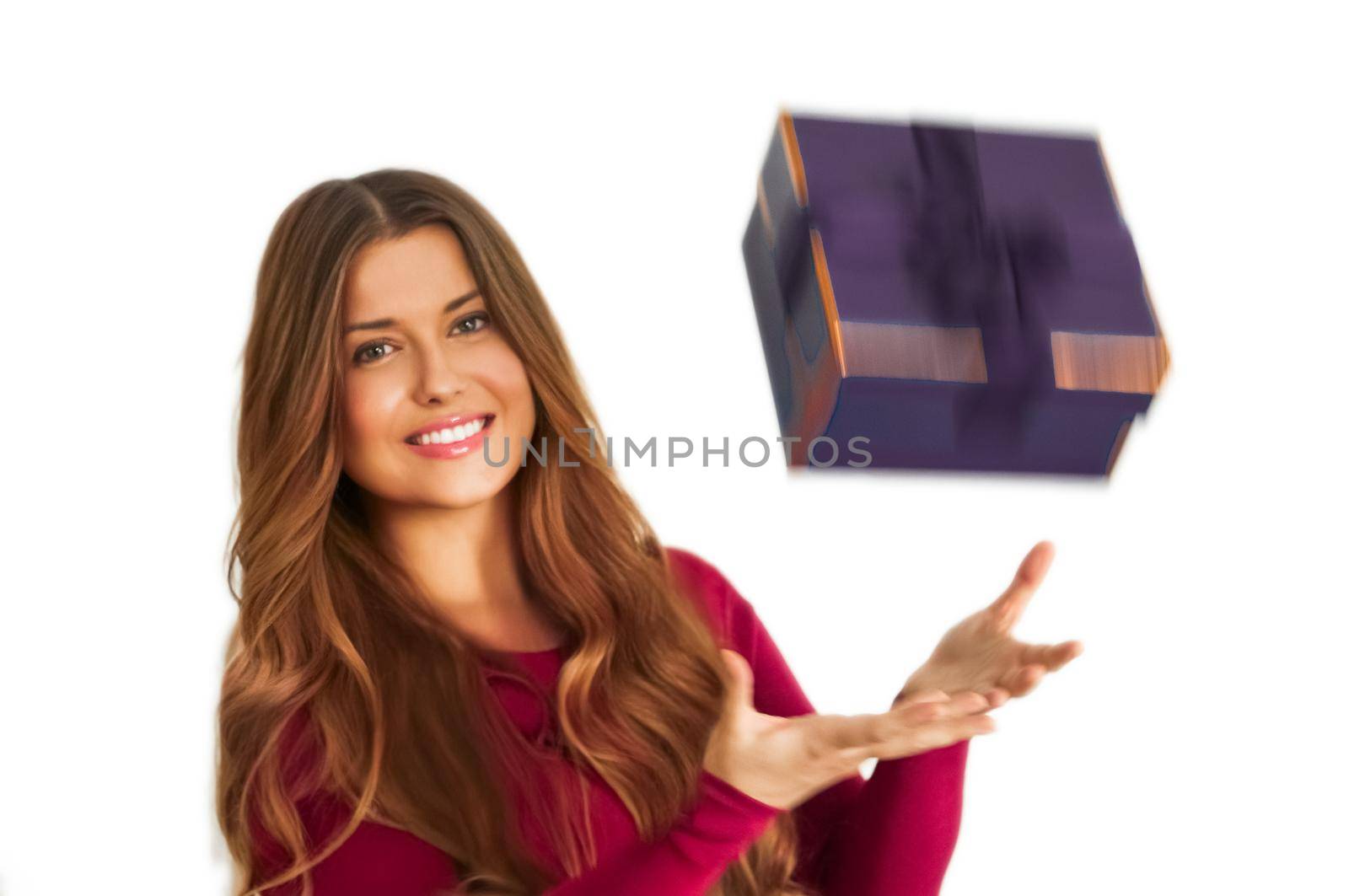 Birthday, Christmas or holiday present, happy woman holding a purple gift or luxury beauty box subscription delivery isolated on white background, portrait