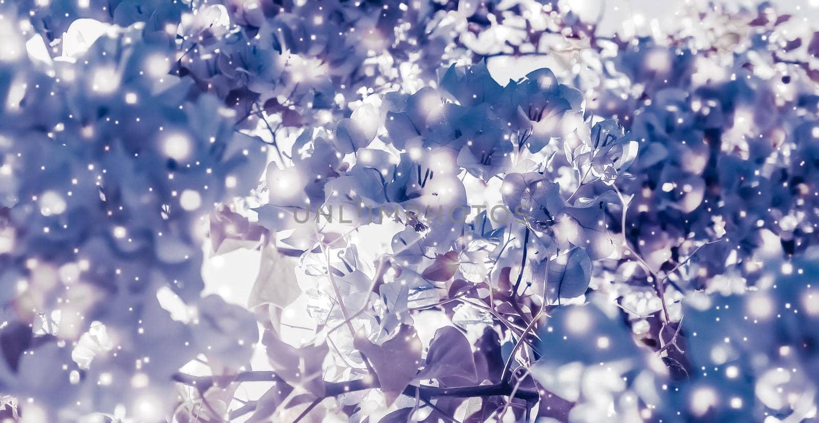 Magical, branding and festive concept - Christmas, New Years purple floral nature background, holiday card design, flower tree and snow glitter as winter season sale backdrop for luxury beauty brand