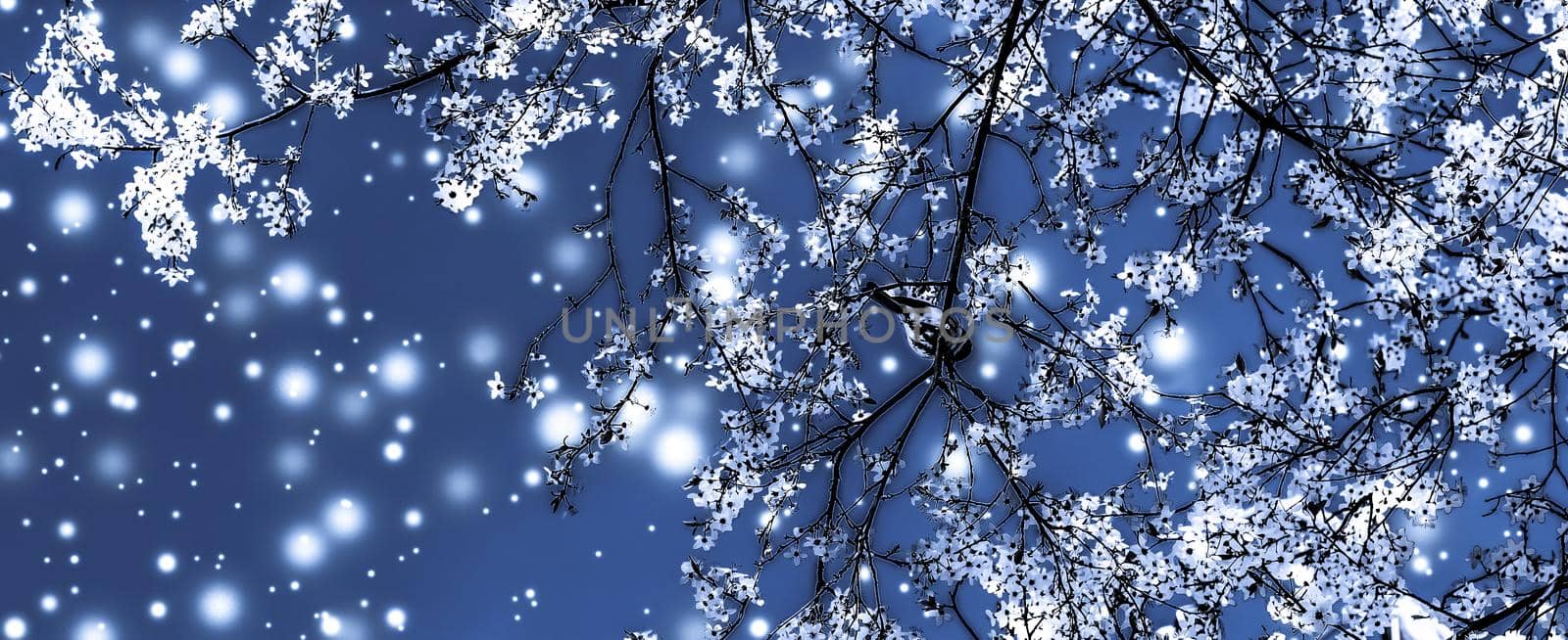 Christmas, New Years blue floral background, holiday card design, flower tree and snow glitter as winter season sale promotion backdrop for luxury beauty brand by Anneleven