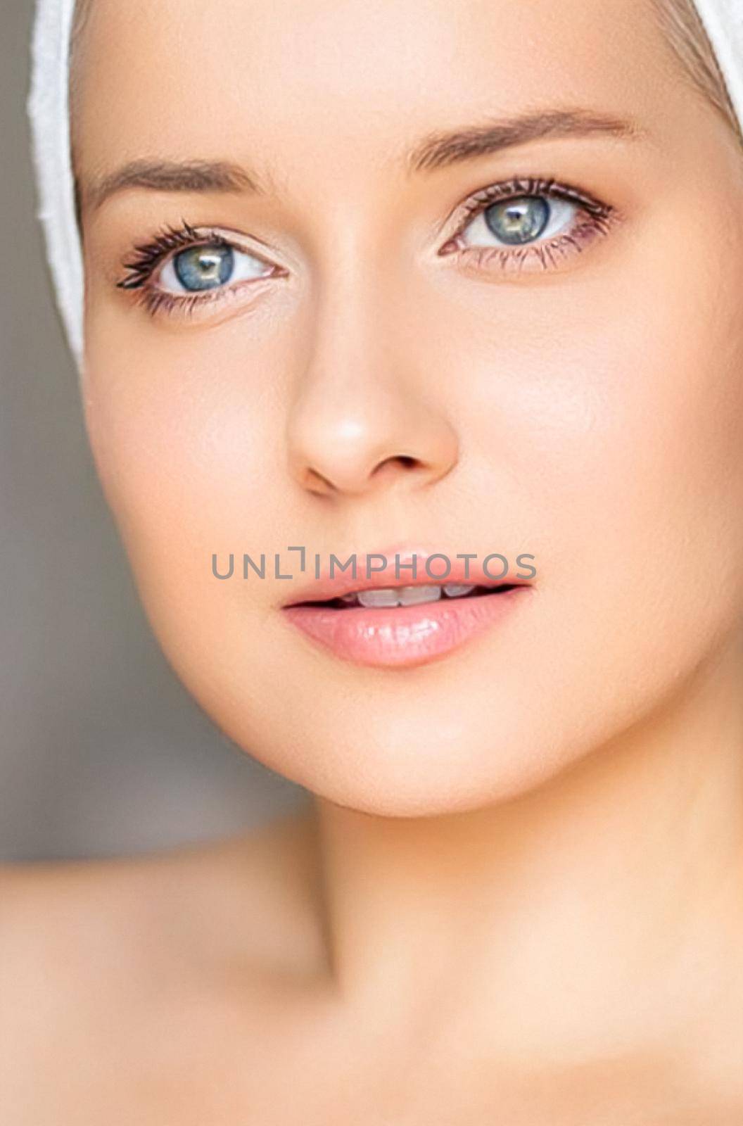 Skin care and beauty routine, beautiful woman with white towel wrapped around head, skincare cosmetics and face cosmetology, close-up portrait