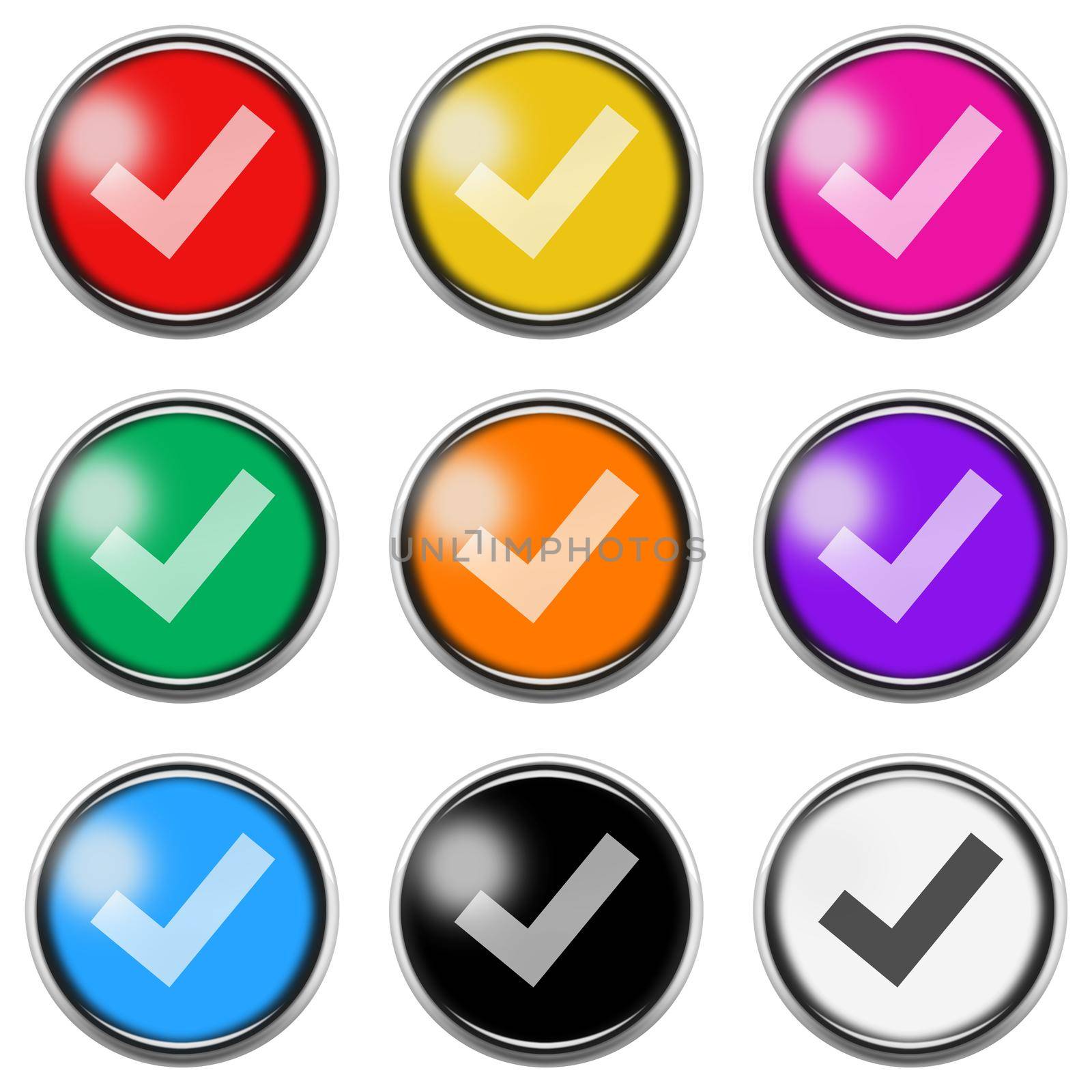 A tick check mark button icon set isolated on white with clipping path 3d illustration