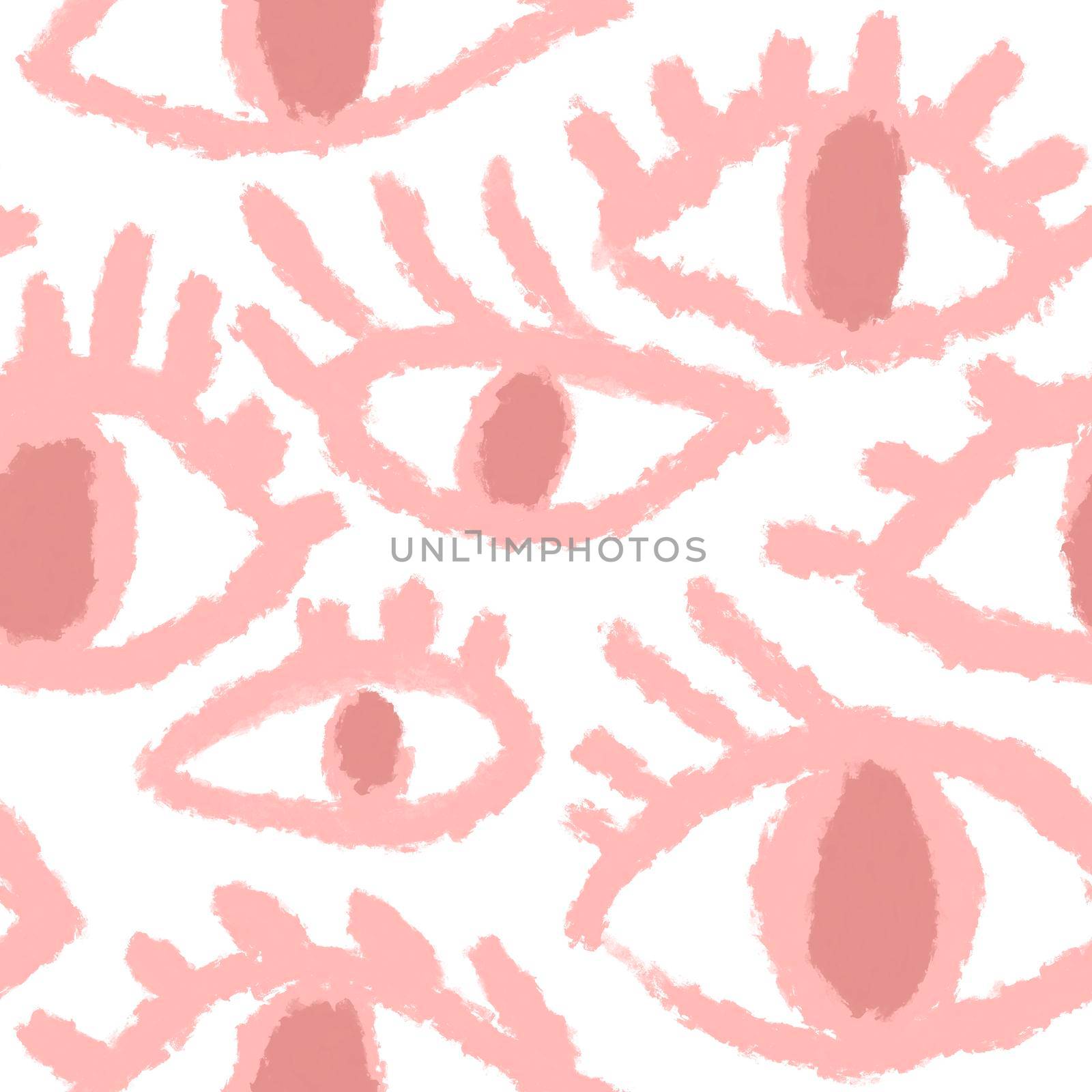 Seamless hand drawn pattern with pink evil third eye, traditional ethnic evil protection background. Pastel open eye eyelashes, boho bohemian trendy fabric print. by Lagmar