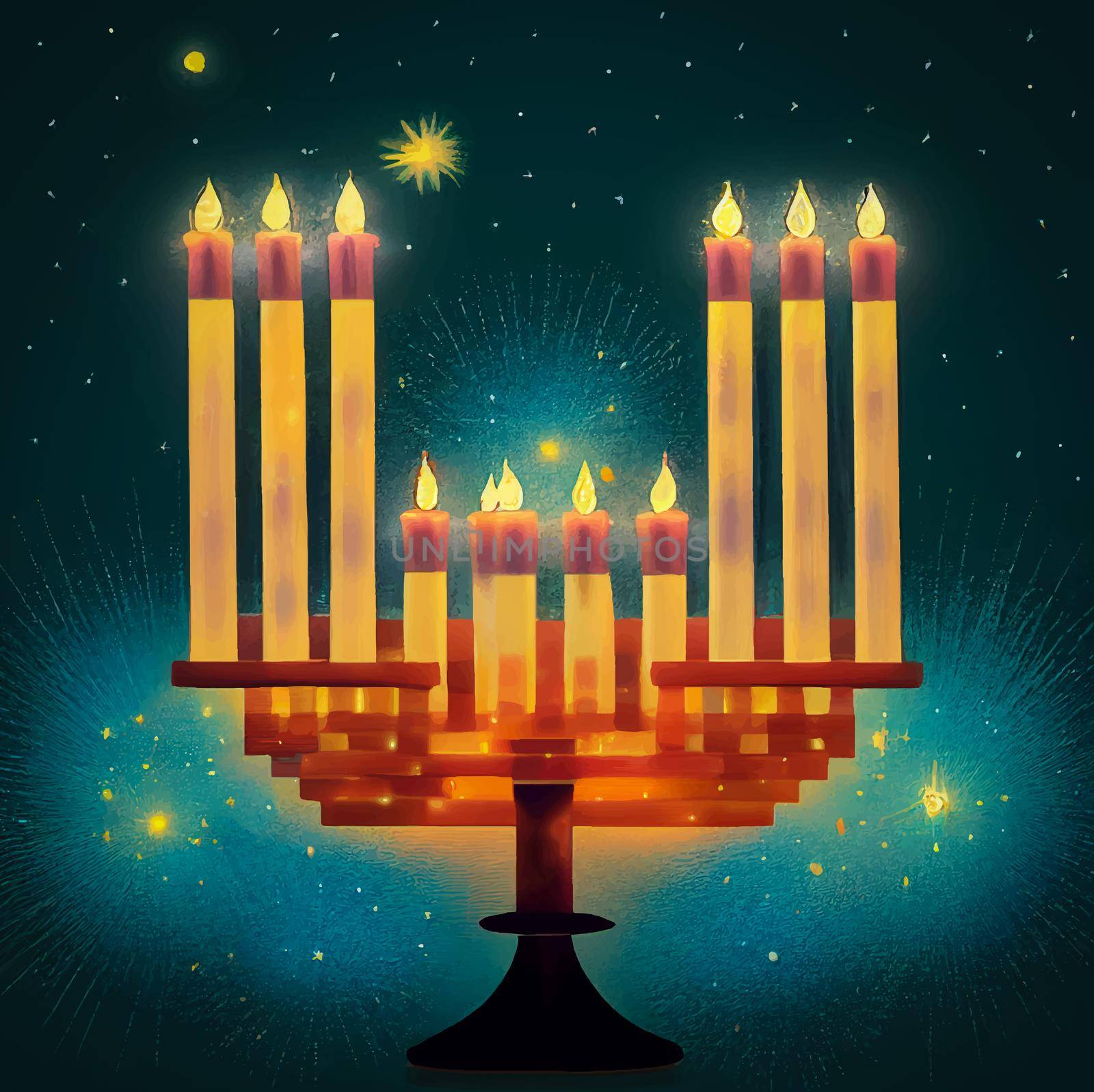 illustration of jewish holiday Hanukkah background with menorah and burning candles. Hanukkah celebration. by JpRamos