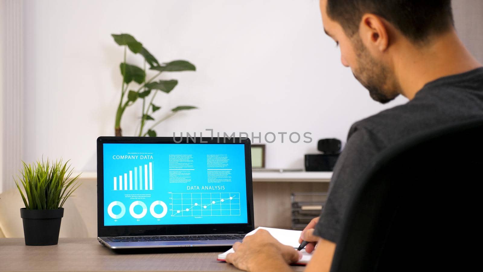 Business person working on his laptop looking at chart data in his living room