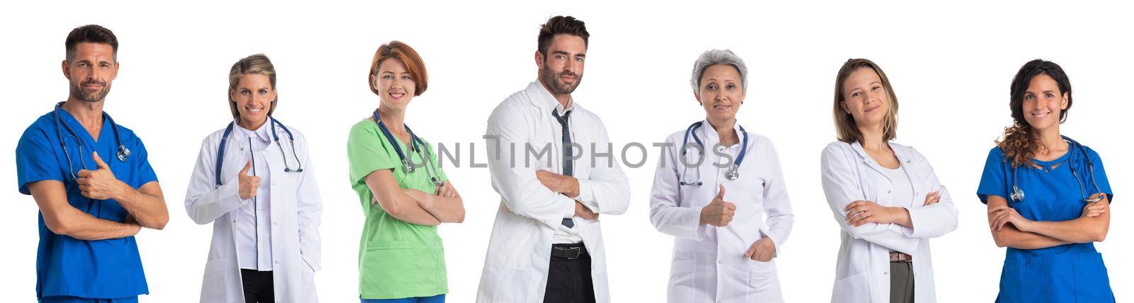 Collection of portraits of medical doctors and nurses. Design element, studio isolated on white background