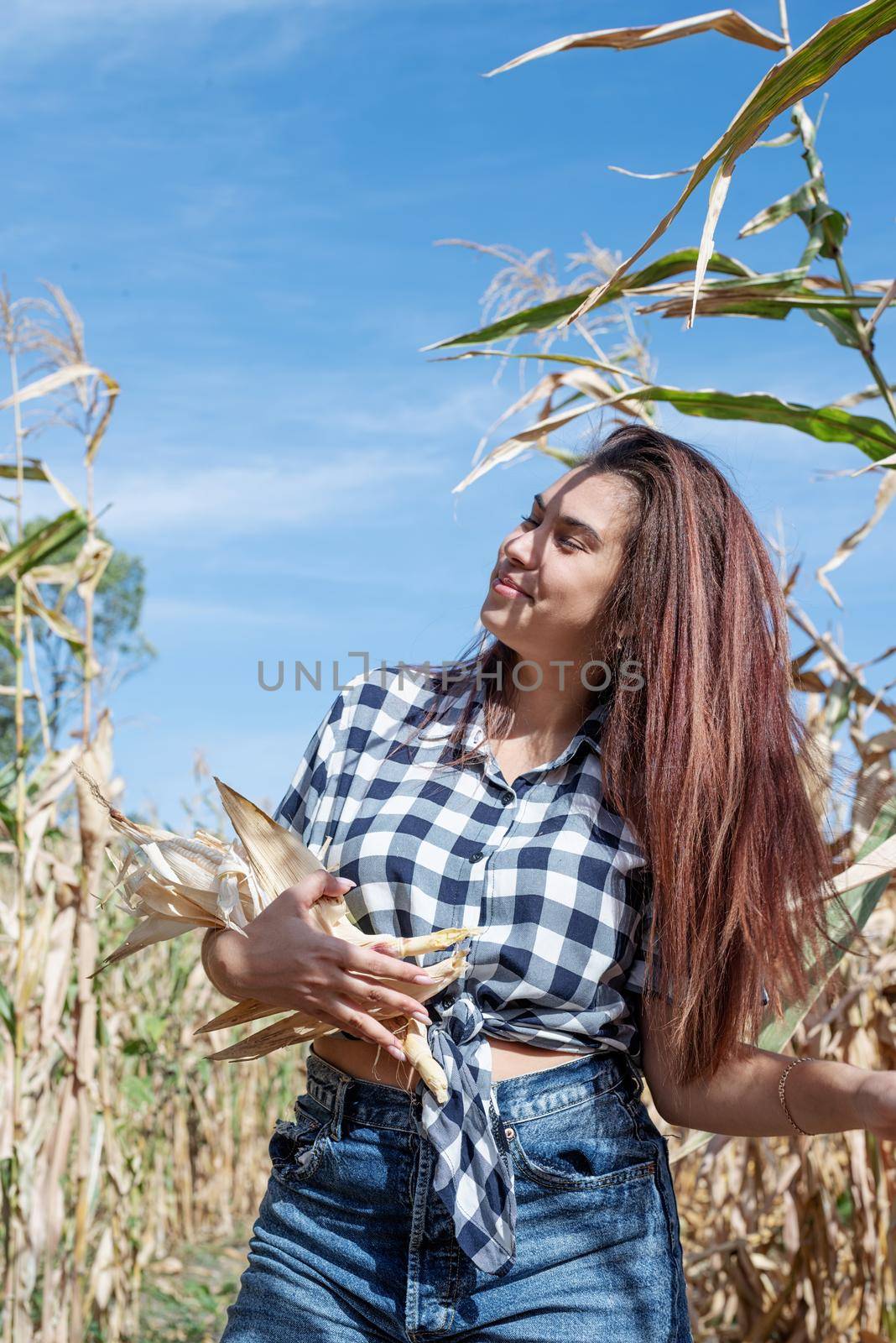agriculture and cultivation concept. Countryside. Cheerful female caucasian woman in the corn crop