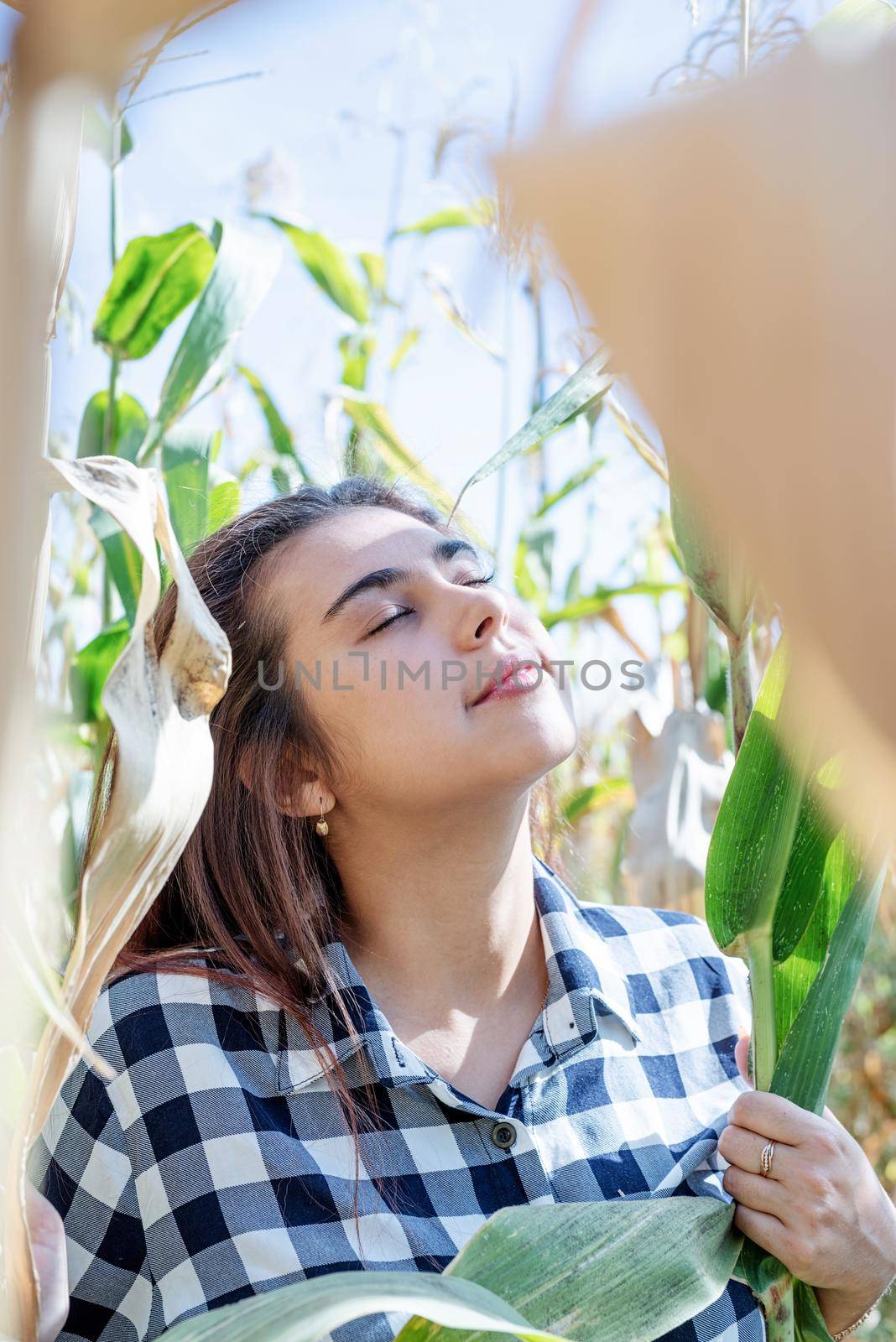 agriculture and cultivation concept. Countryside. Cheerful female caucasian woman in the corn crop