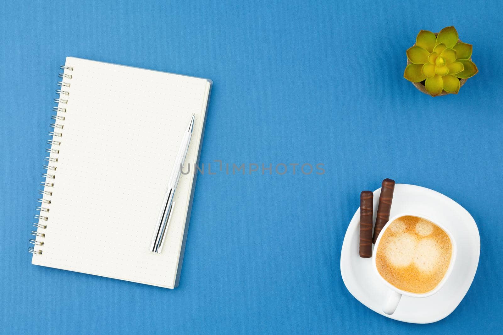 Spiral open notebook with metal pen, dessert chocolate sweets, cup of coffee and home plant with green leaves on blue background. Flat lay, top view.