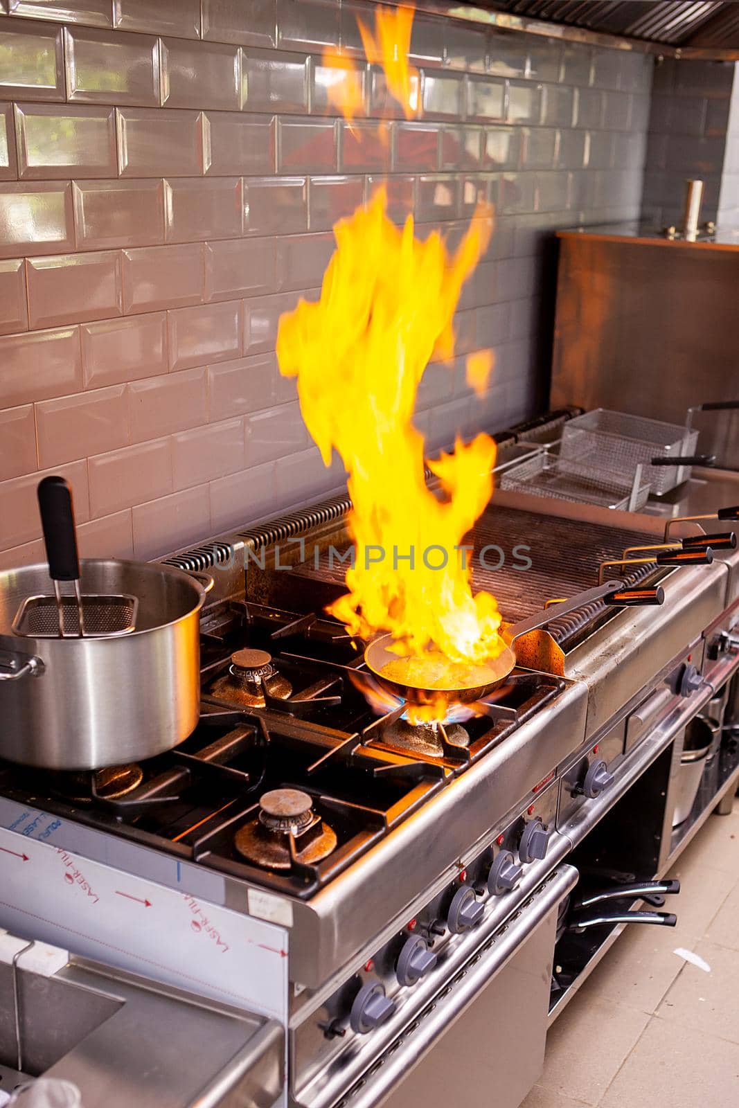 Chef making flambe fois gras in restaurant kitchen