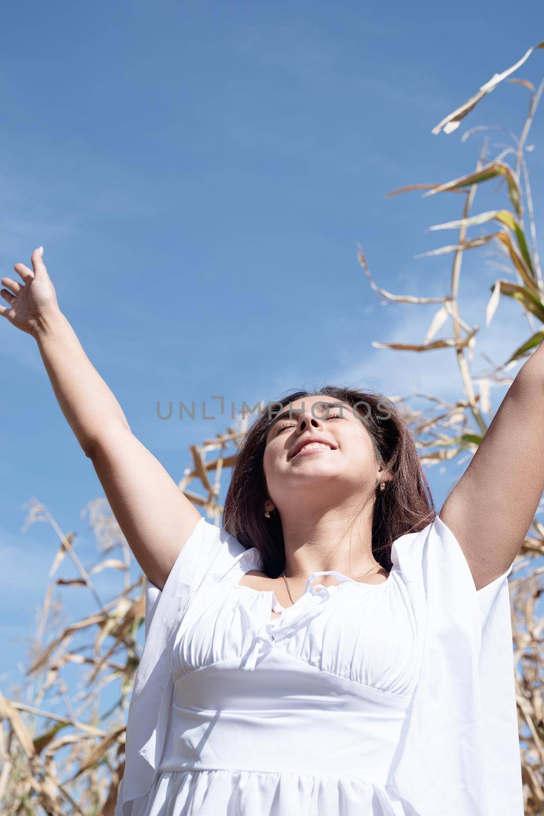 agriculture and cultivation concept. Countryside. Cheerful caucasian woman in white dress in the corn crop, sky background