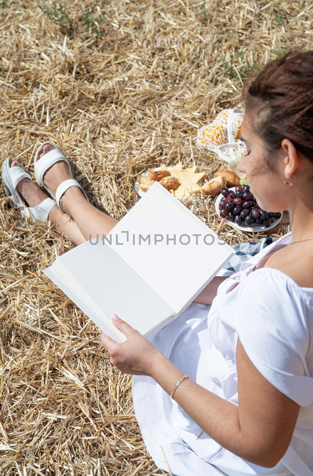 Picnic in countryside. Young woman in white dress sitting on haystack in harvested field, reading blank book. Book mockup