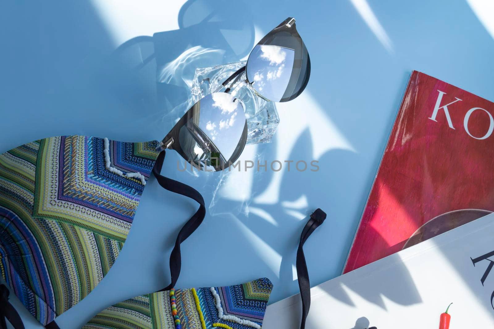 Sunglasses on a blue background and a green plant with large leaves.,,