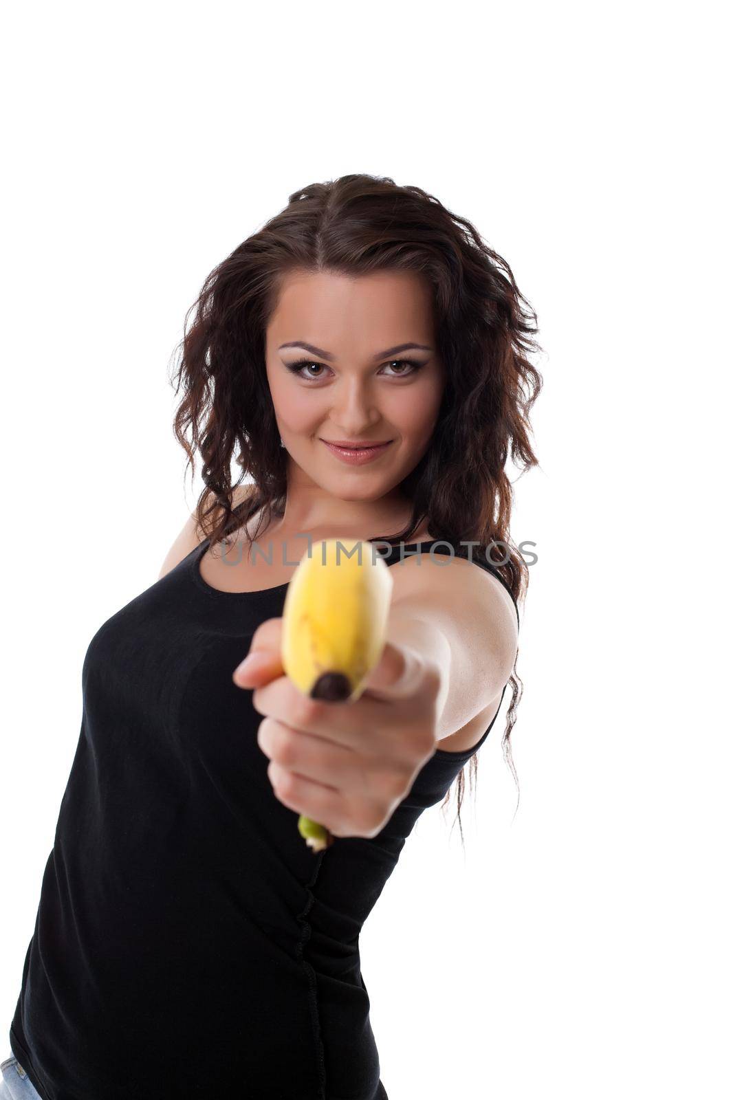 Beauty young woman shoot with banana gun isolated