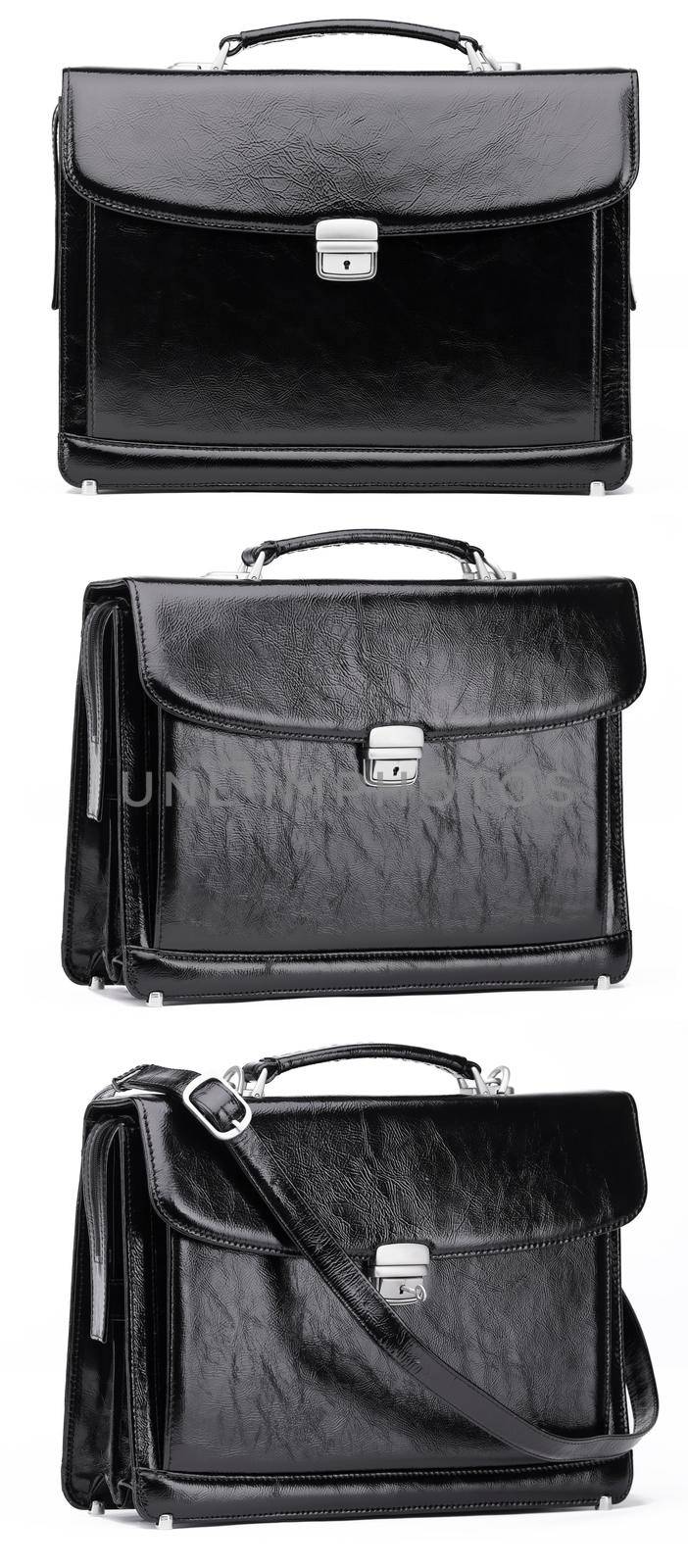 Black leather case with strap three view isolated