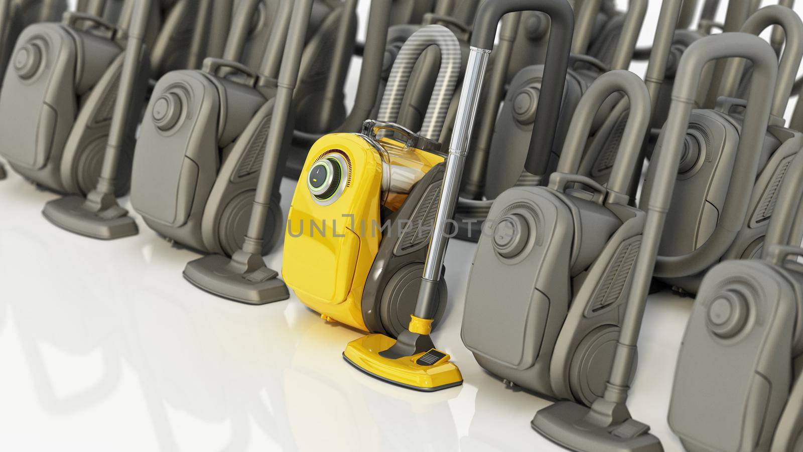 Yellow vacuum cleaner stands out among grey ones. 3D illustration by Simsek