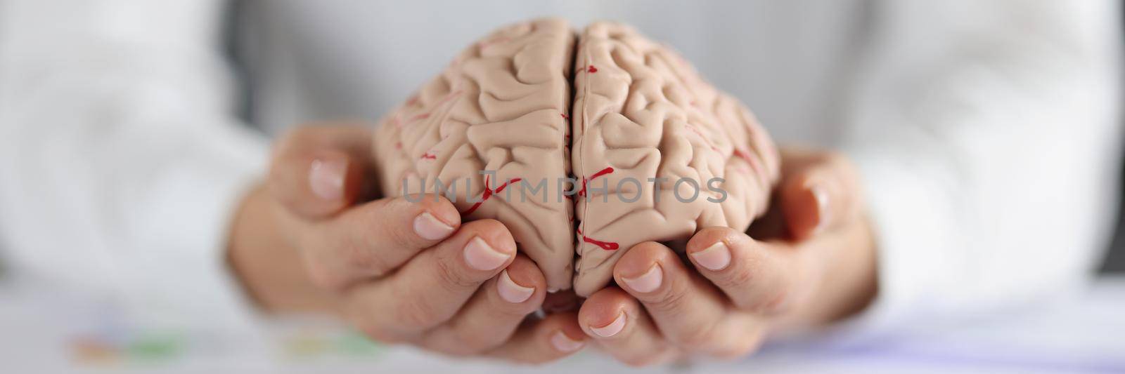 Close-up of woman holding on hands two pieces of human brain, female show fullness on person mind. Ability to think clear, smart, clever, education concept