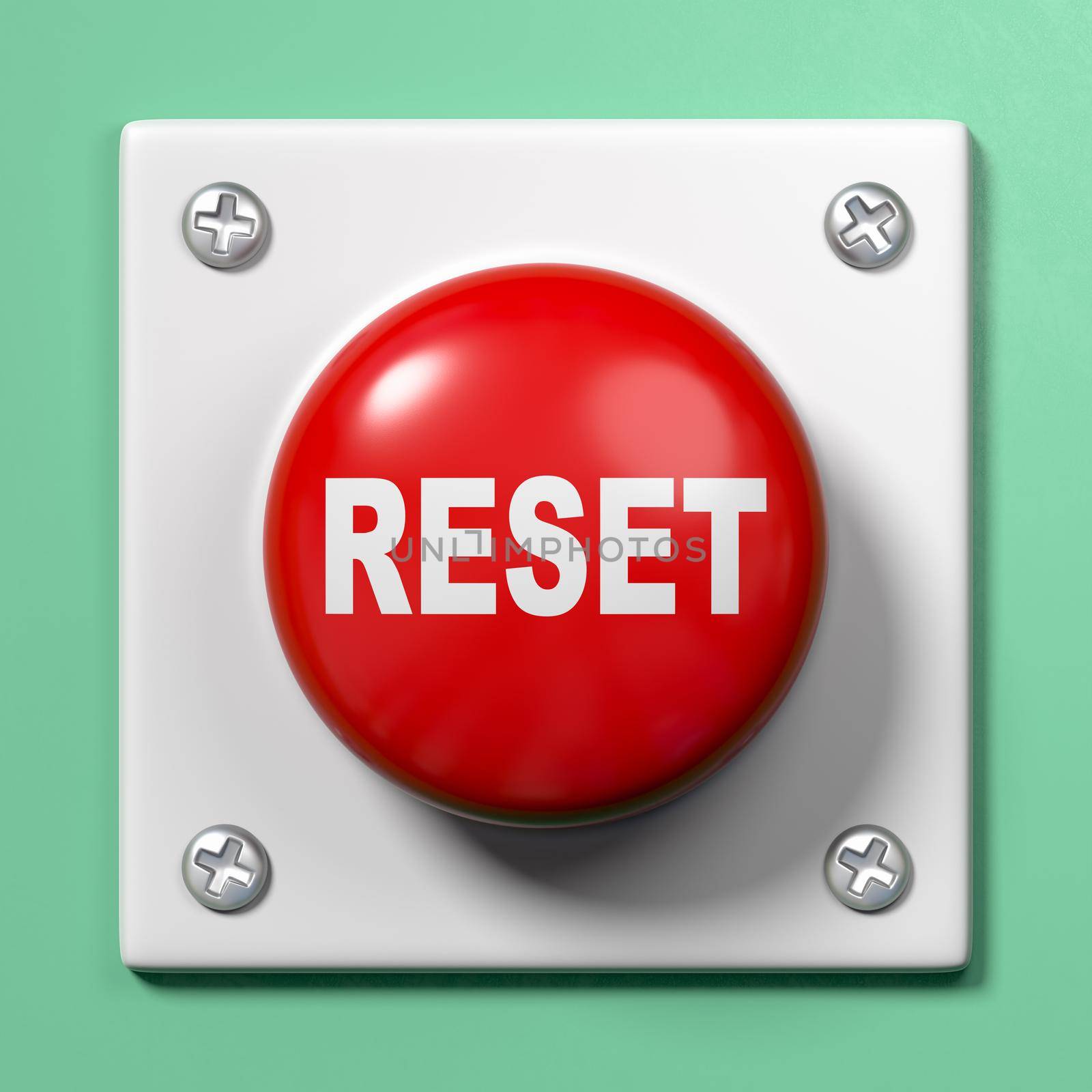 Red Button with Reset Text Against a Green Background 3D Rendering Illustration