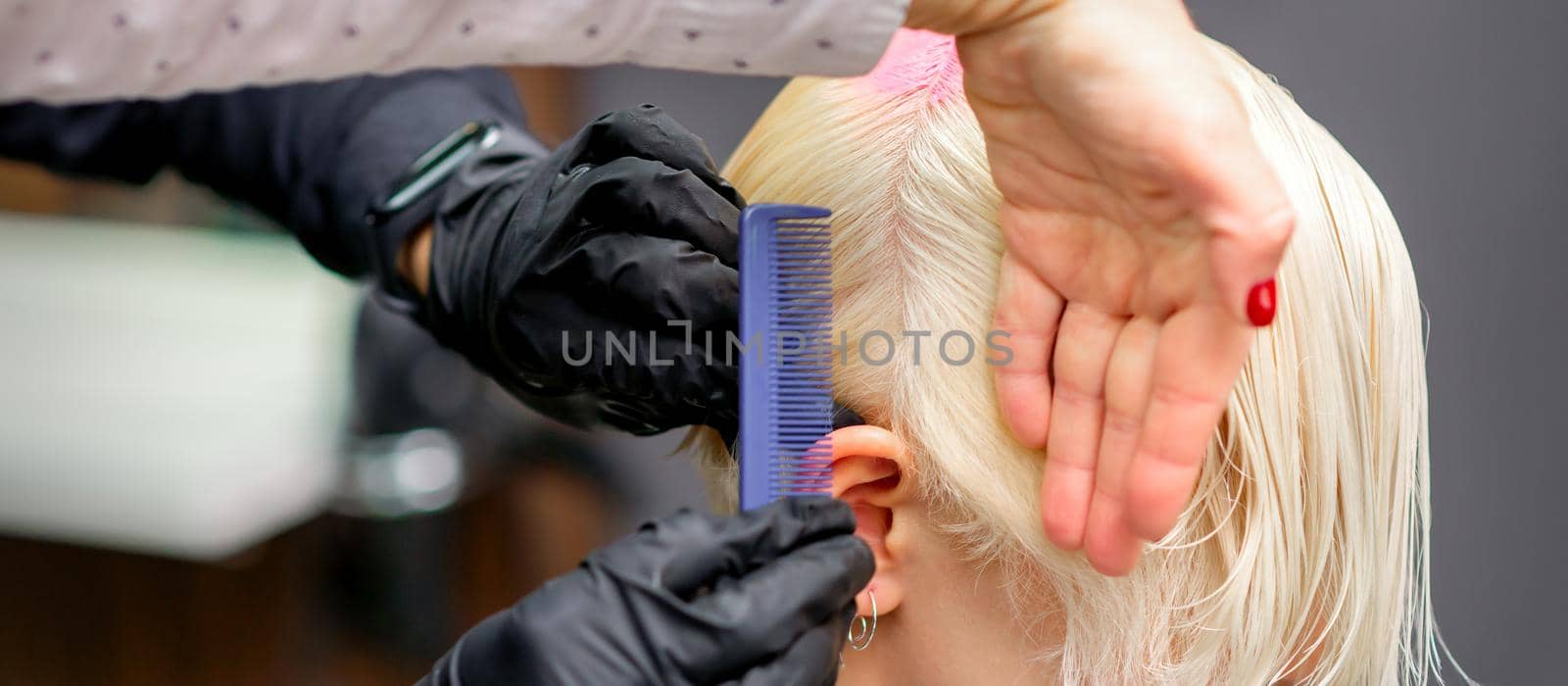 Combing hair with a comb during dyeing white hair of a young blonde woman in hairdresser salon