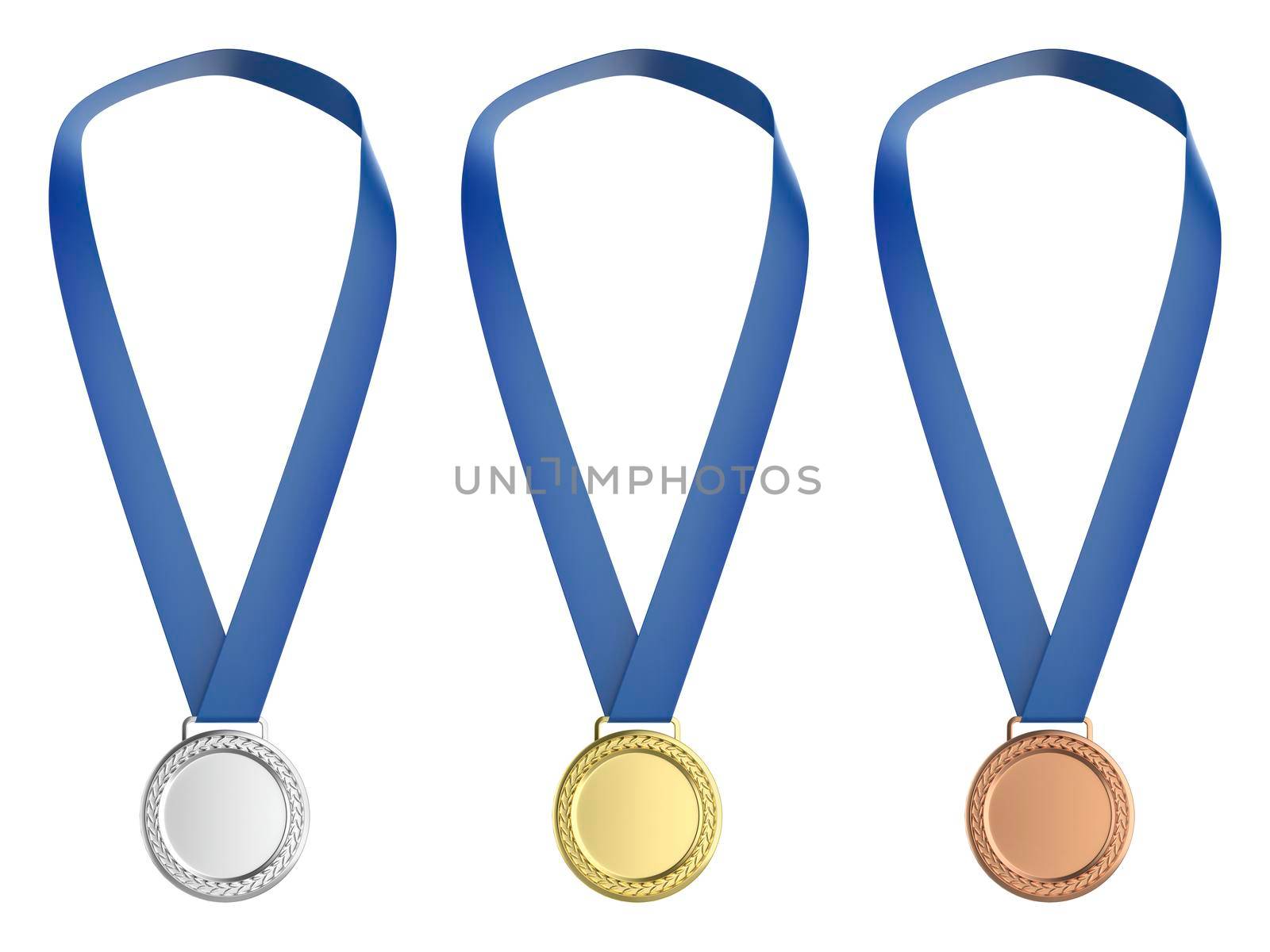 Set of gold, silver and bronze medals, isolated on white background