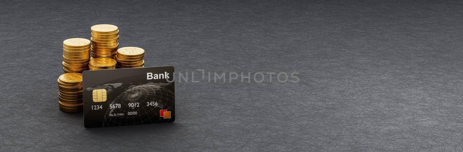 Credit or Debit Card ahead of Stacks of Coins on Dark Background by make