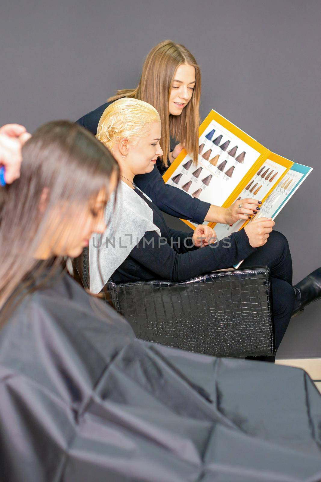 Hairdresser helps female customer select hair color from the samples catalog in the beauty salon