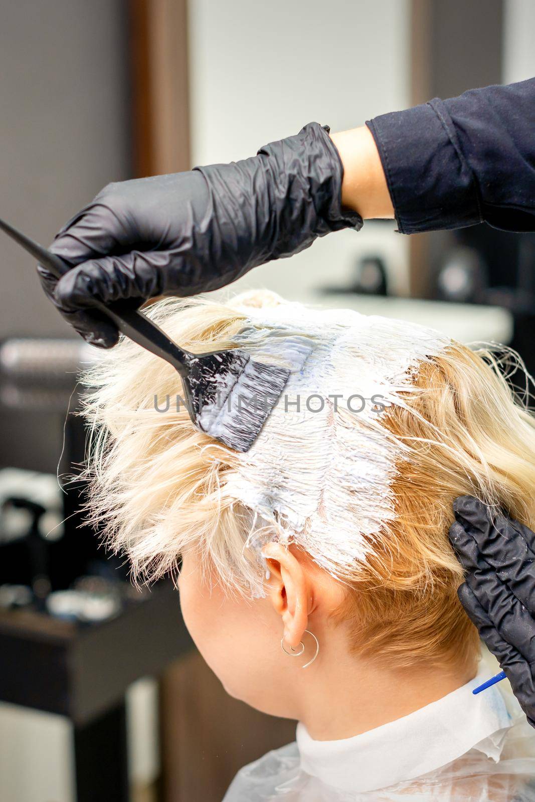 Coloring white hair with hair dye and brush by hands of hairstylist for the young caucasian blonde woman at a hair salon, close up. by okskukuruza